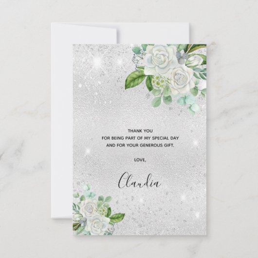 Verjaardag zilveren glitter witte bloemen bedankkaart (Achterkant)