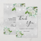 Verjaardag zilveren glitter witte bloemen bedankkaart (Voorkant / Achterkant)