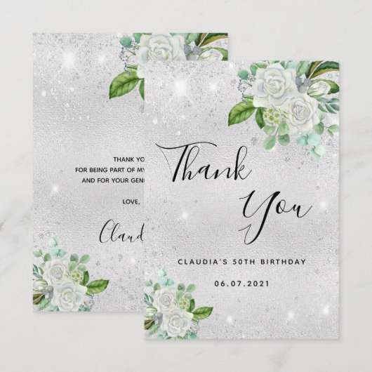 Verjaardag zilveren glitter witte bloemen bedankkaart (Voorkant / Achterkant)