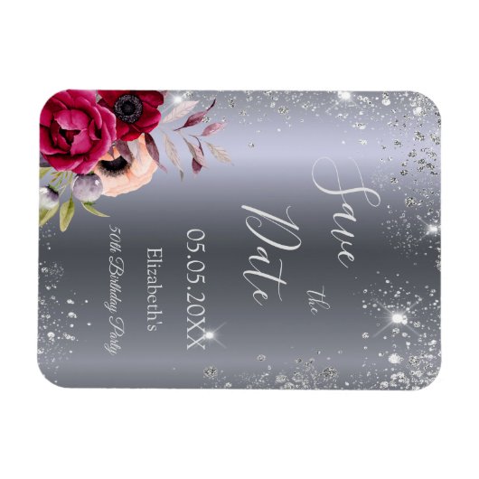 Verjaardag zilveren glitters bloem Save the Date Magneet (Horizontaal)