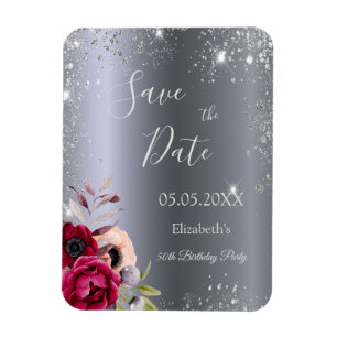 Verjaardag zilveren glitters bloem Save the Date Magneet
