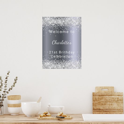 Verjaardag zilveren glitters naam welkom poster (Keuken)
