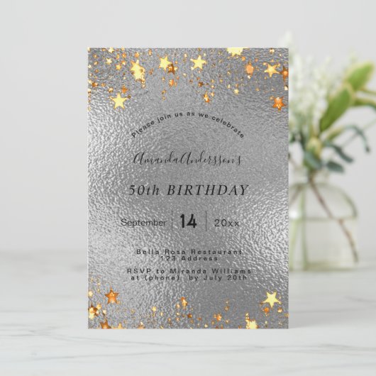 Verjaardag zilveren gouden sterren feest kaart (Staand voorkant)