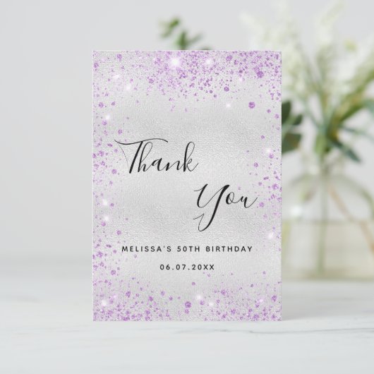 Verjaardag zilveren lavendel glitter elegant bedankkaart (Staand voorkant)