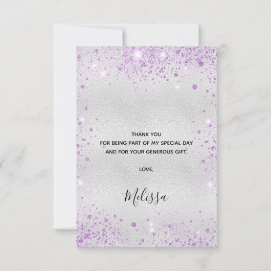 Verjaardag zilveren lavendel glitter elegant bedankkaart (Achterkant)