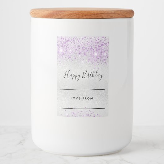 Verjaardag zilveren lavendel glitter zelfgemaakt voedselcontainer etiket (Voorkant)