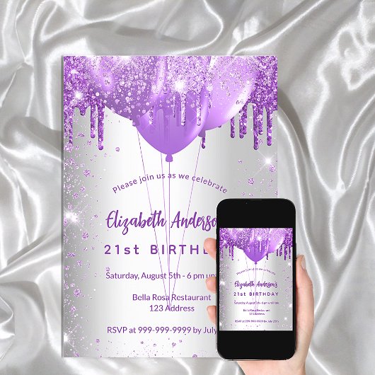 Verjaardag zilveren paarse druppels ballonnen kaart