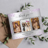 Verjaardag zilveren paarse foto bedankkaart