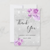 Verjaardag zilveren paarse glitter floral bedankkaart (Voorkant)