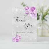 Verjaardag zilveren paarse glitter floral bedankkaart (Staand voorkant)