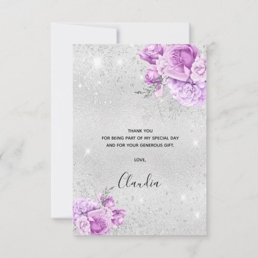 Verjaardag zilveren paarse glitter floral bedankkaart (Achterkant)