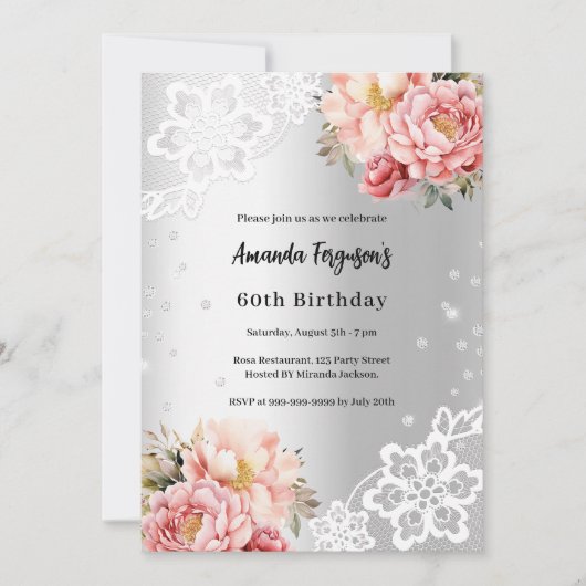 Verjaardag zilveren roze bloemblaadjes kant kaart (Voorkant)