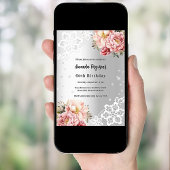 Verjaardag zilveren roze bloemblaadjes kant kaart