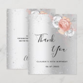 Verjaardag zilveren roze bloemenbedankkaart (Voorkant / Achterkant)