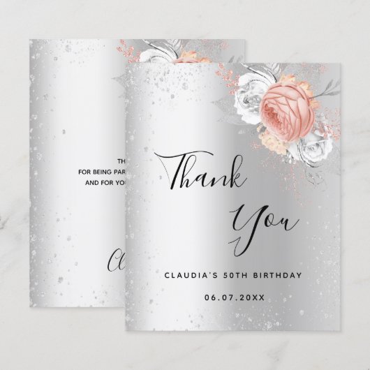 Verjaardag zilveren roze bloemenbedankkaart