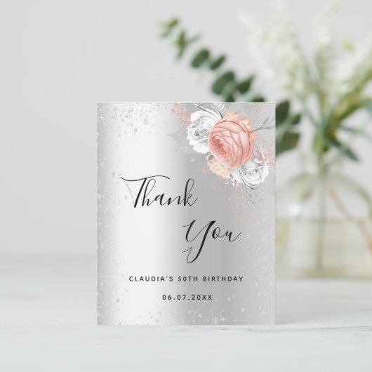 Verjaardag zilveren roze bloemenbedankkaart (Staand voorkant)