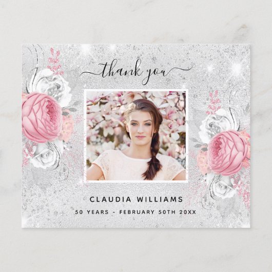 Verjaardag zilveren roze foto bedankkaart (Achterkant)