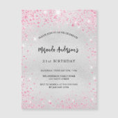 Verjaardag zilveren roze glitter luxe magnetische uitnodiging (Voorkant)