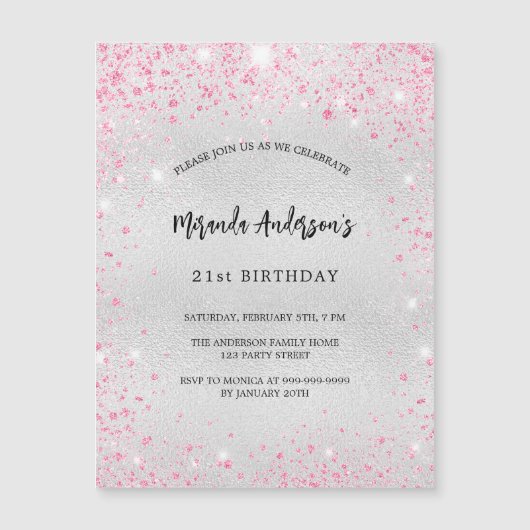 Verjaardag zilveren roze glitter luxe magnetische uitnodiging (Voorkant)