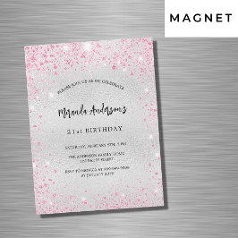 Verjaardag zilveren roze glitter luxe magnetische uitnodiging