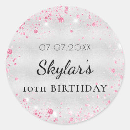 Verjaardag zilveren roze glitter meisje ronde sticker