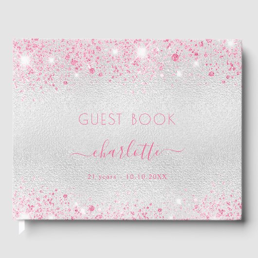 Verjaardag zilveren roze naam gastenboek (Voorkant)