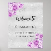 Verjaardag zilveren roze violette bloemen welkomst poster (Voorkant)