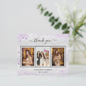 Verjaardag zilveren violette foto bedankkaart (Staand voorkant)