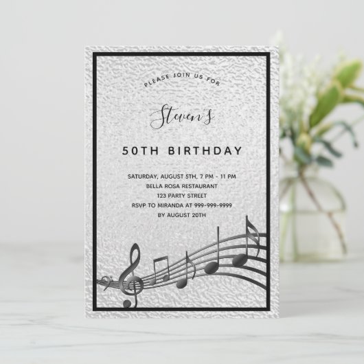 Verjaardag zilveren zwarte muzieknoten metaal kaart (Staand voorkant)