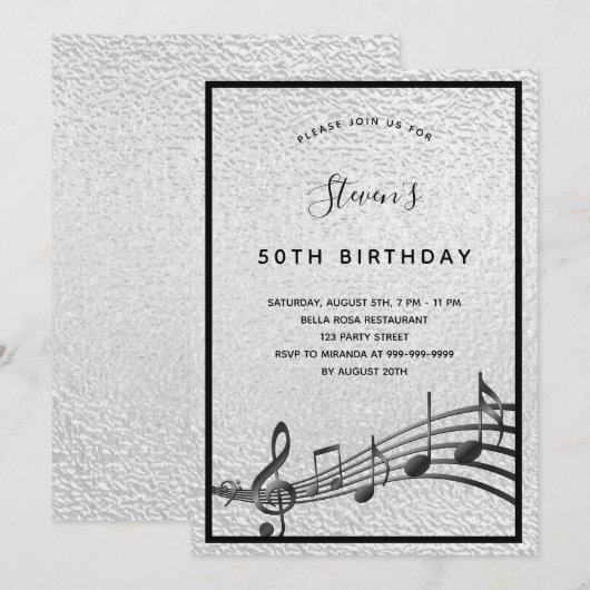 Verjaardag zilveren zwarte muzieknoten metaal kaart (Voorkant / Achterkant)