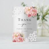Verjaardag zilverkleurige roze bloemenkant bedankk bedankkaart (Staand voorkant)