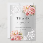 Verjaardag zilverkleurige roze bloemenkant bedankk kaart (Voorkant)