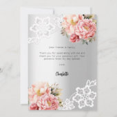 Verjaardag zilverkleurige roze bloemenkant bedankk kaart (Achterkant)