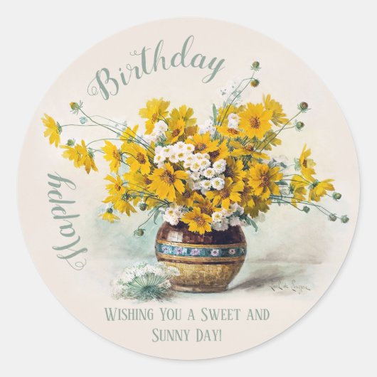 Verjaardag Zoet & Zonnig De Longpre bloemen CC1014 Ronde Sticker (Voorkant)