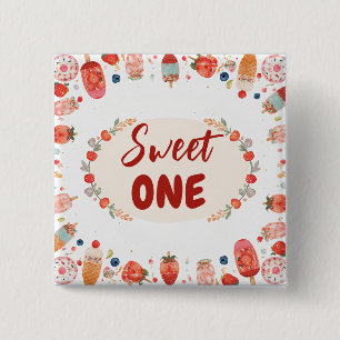 Verjaardag Zoete Eén Strawberry Donut Ijs 1e  Vierkante Button 5,1 Cm