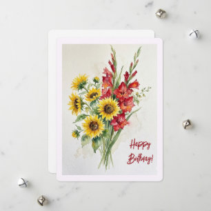 Verjaardag zonnebloemen aquarel bloem rood gladiol feestdagenkaart