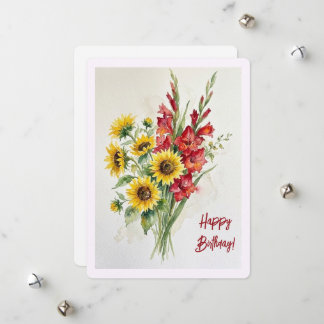 Verjaardag zonnebloemen aquarel bloem rood gladiol feestdagenkaart