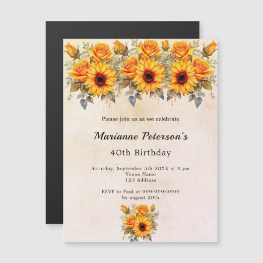 Verjaardag zonnebloemen groen rustiek geel magnetische uitnodiging (Voorkant / Achterkant)