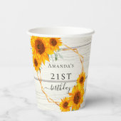 Verjaardag zonnebloemen rustieke hout witte naam papieren bekers (Achterkant)