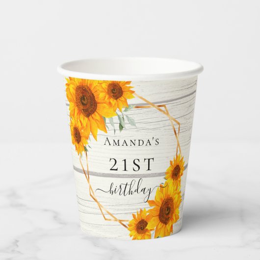 Verjaardag zonnebloemen rustieke hout witte naam papieren bekers (Achterkant)