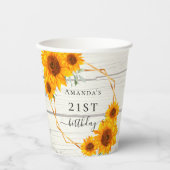 Verjaardag zonnebloemen rustieke hout witte naam papieren bekers (Voorkant)