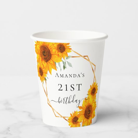 Verjaardag zonnebloemen wit goud geometrische naam papieren bekers (Achterkant)