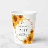 Verjaardag zonnebloemen wit goud geometrische naam papieren bekers (Voorkant)