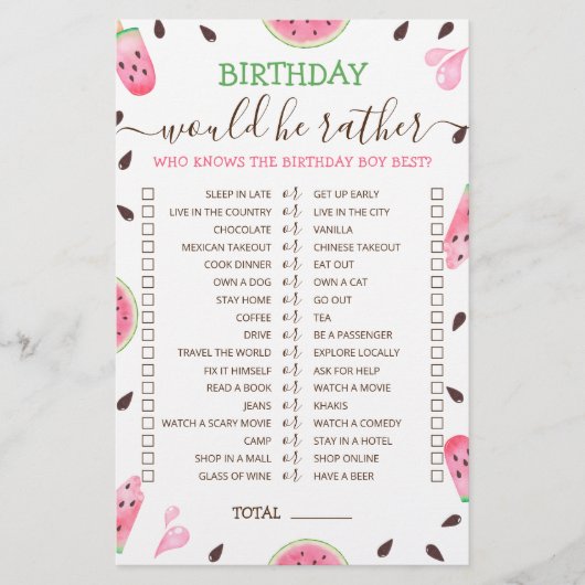 Verjaardag Zou Hij Liever bewerkbaar spel Watermel (Voorkant)