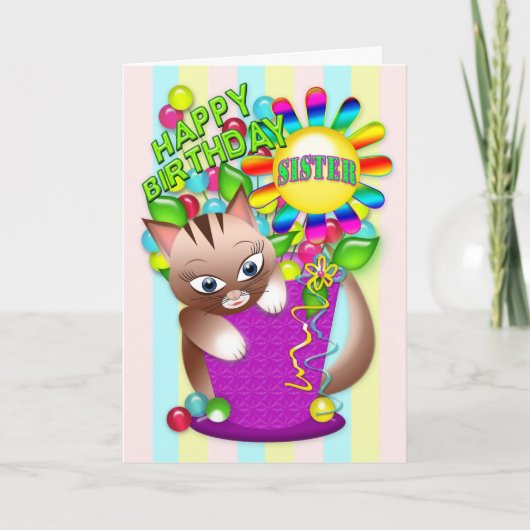 Verjaardag - Zus - Kitty Cat Celebrating Kaart (Voorkant)