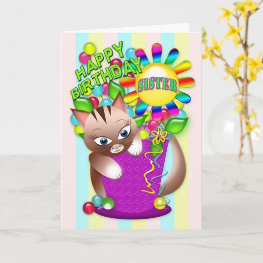 Verjaardag - Zus - Kitty Cat Celebrating Kaart (Gele Bloem)