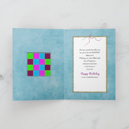 Verjaardag, zus, muurhangende patchwork quilt kaart (Binnen)