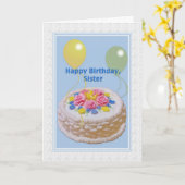 Verjaardag, zus, taart en ballonnen kaart (Gele Bloem)
