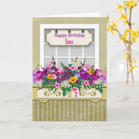 Verjaardag, zuster, bloemen in de raambox kaart (Gele Bloem)