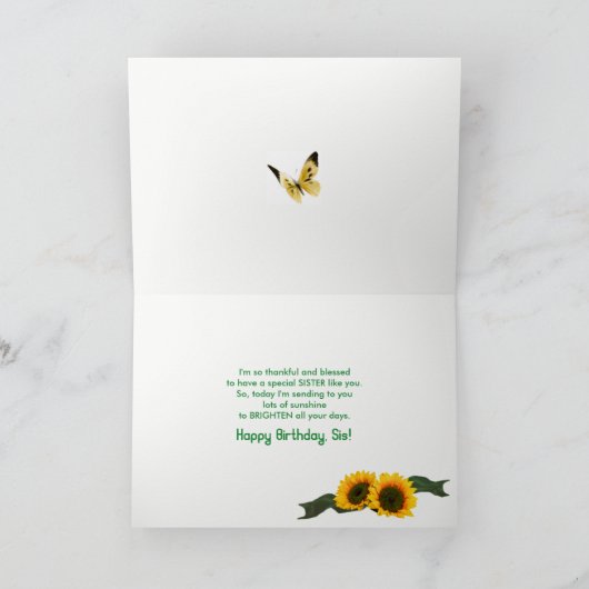 Verjaardag - Zuster - Zonnebloemen en vlinders Kaart (Binnen)